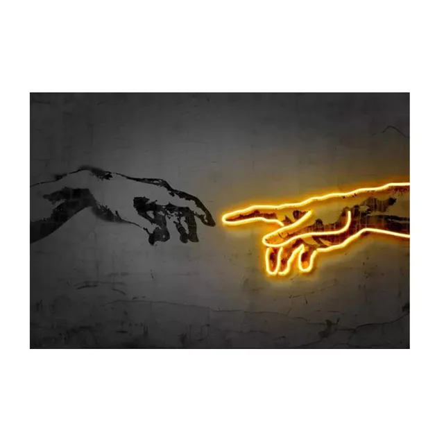 Classical Hand Of God Neon Wall Art Canvas Painting Creation of Adam HD Prints Neon Lights Modern Posters Pictures Home Decor