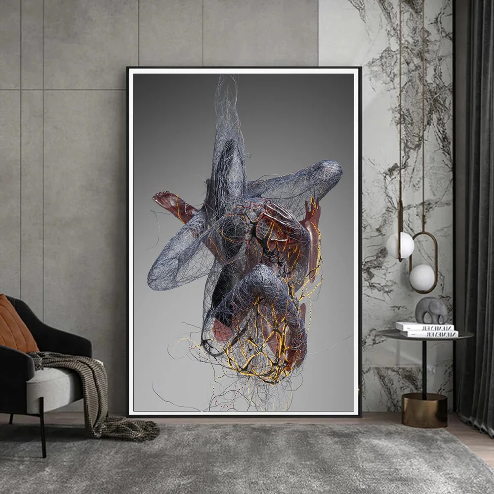 Metal Abstract Figure Statue Canvas Painting Poster and Prints Golden Portrait Sculpture Wall Picture for Living Room Home Decor