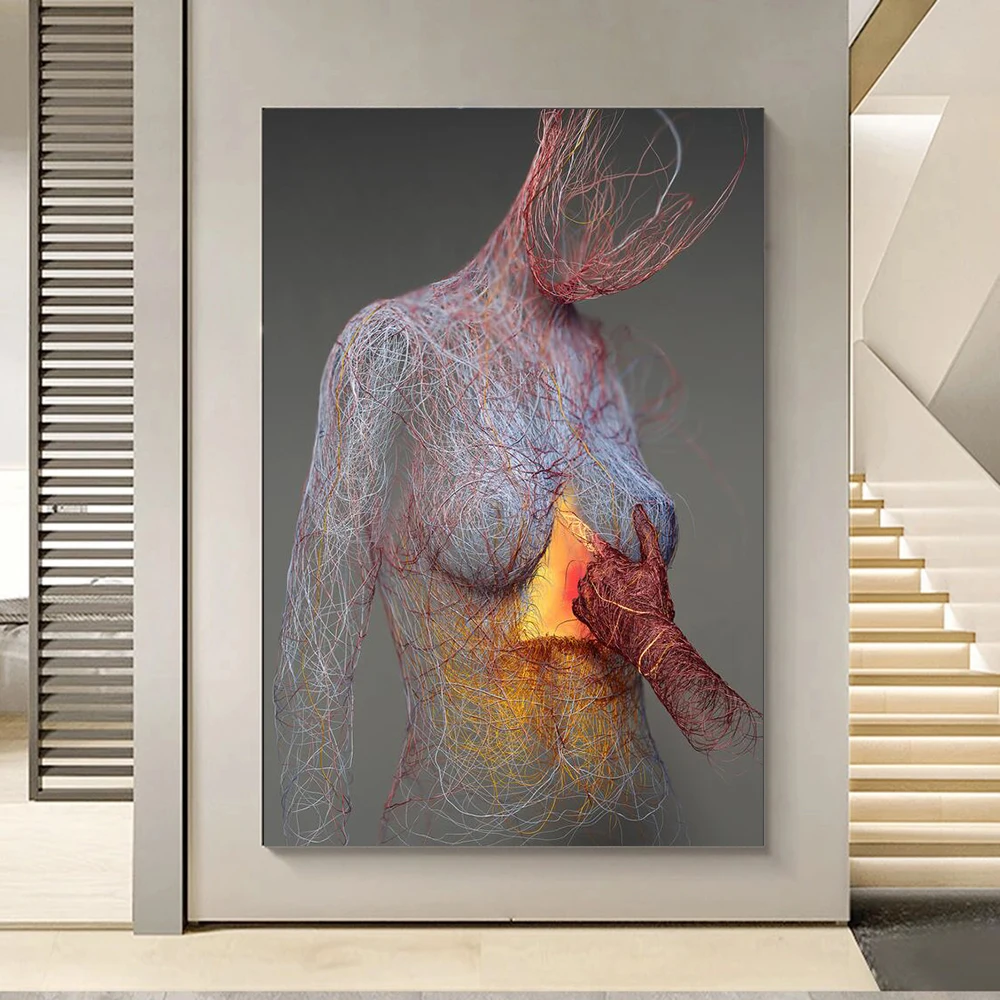 Metal Abstract Figure Statue Canvas Painting Poster and Prints Golden Portrait Sculpture Wall Picture for Living Room Home Decor