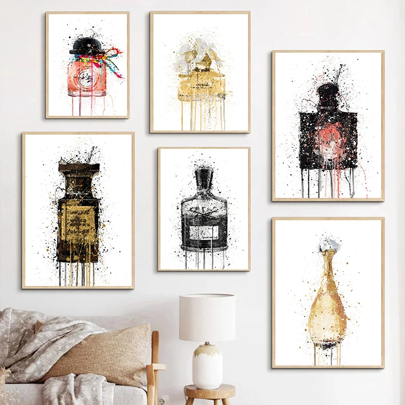 Watercolor Perfume Bottle Prints and Poster Perfume Flower Wall Art Fashion Pictures Canvas Painting for Girls Room Modern Decor