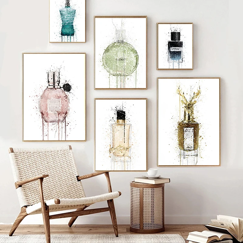 Watercolor Perfume Bottle Prints and Poster Perfume Flower Wall Art Fashion Pictures Canvas Painting for Girls Room Modern Decor