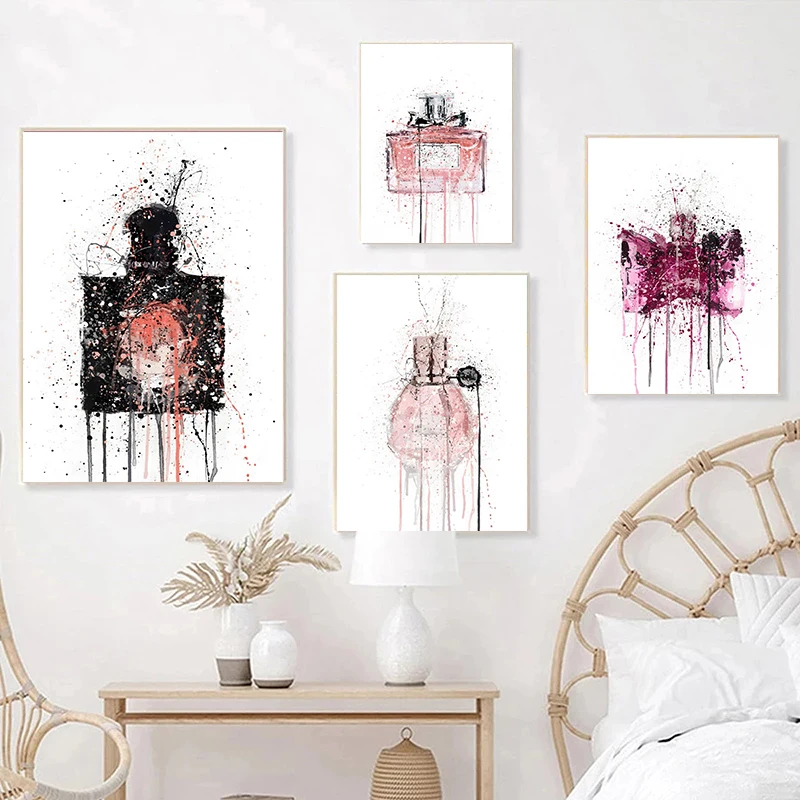 Watercolor Perfume Bottle Prints and Poster Perfume Flower Wall Art Fashion Pictures Canvas Painting for Girls Room Modern Decor