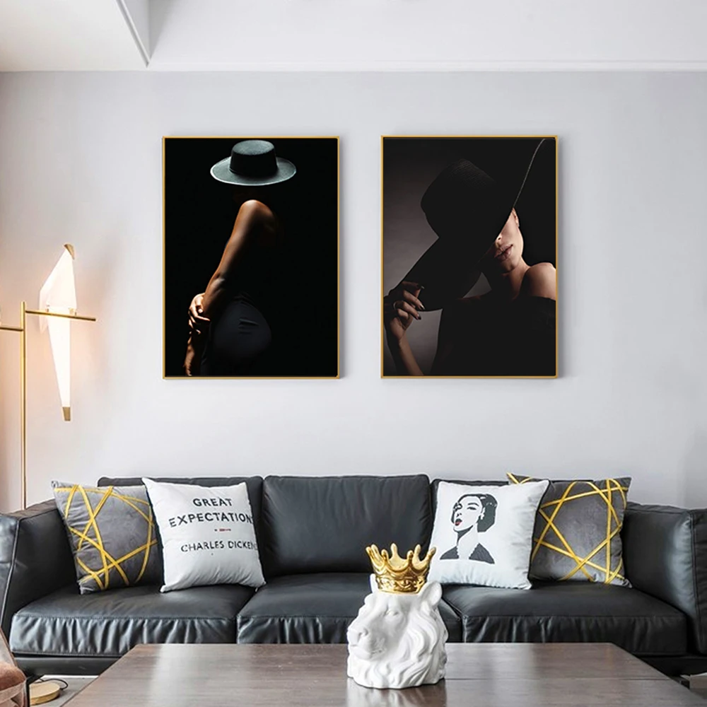 Fashion Elegant Woman Black Canvas Painting Aesthetics Wall Art Paintings Modern Print Picture For Interior Living Room Decor