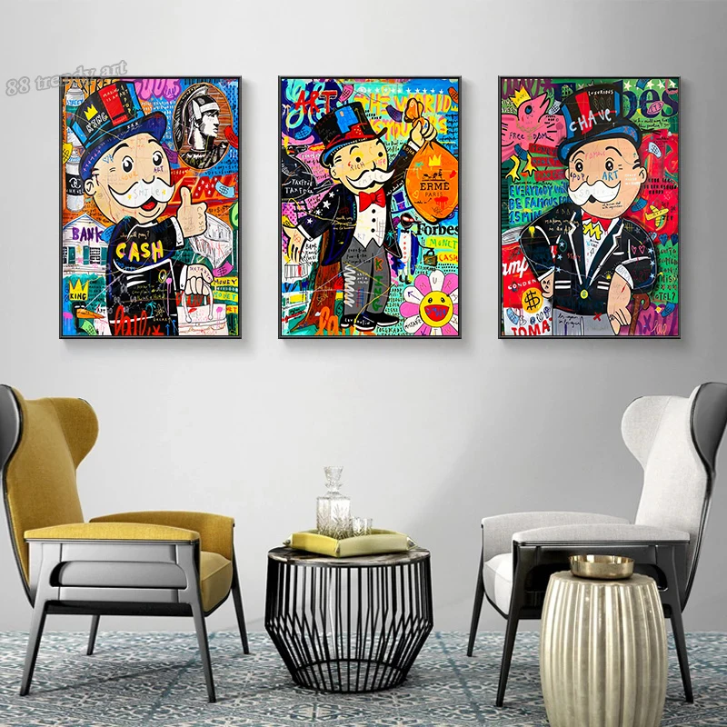 Pop Art Alec Monopoly Hold A Money Bag Posters Boss Rich Man with Mask Graffiti Canvas Painting The World Is Yours Cartoon Mural