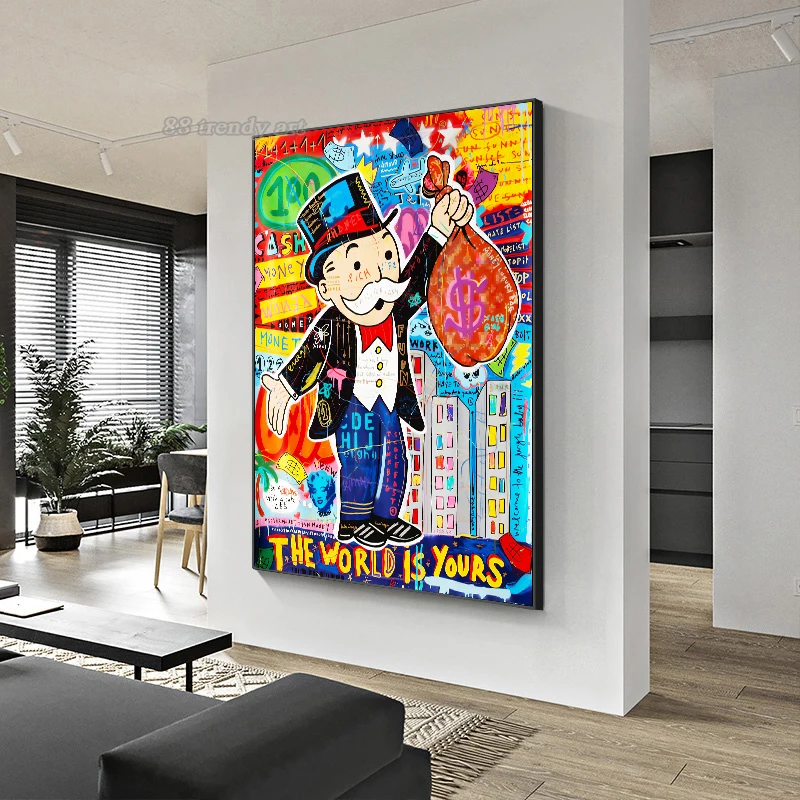 Pop Art Alec Monopoly Hold A Money Bag Posters Boss Rich Man with Mask Graffiti Canvas Painting The World Is Yours Cartoon Mural