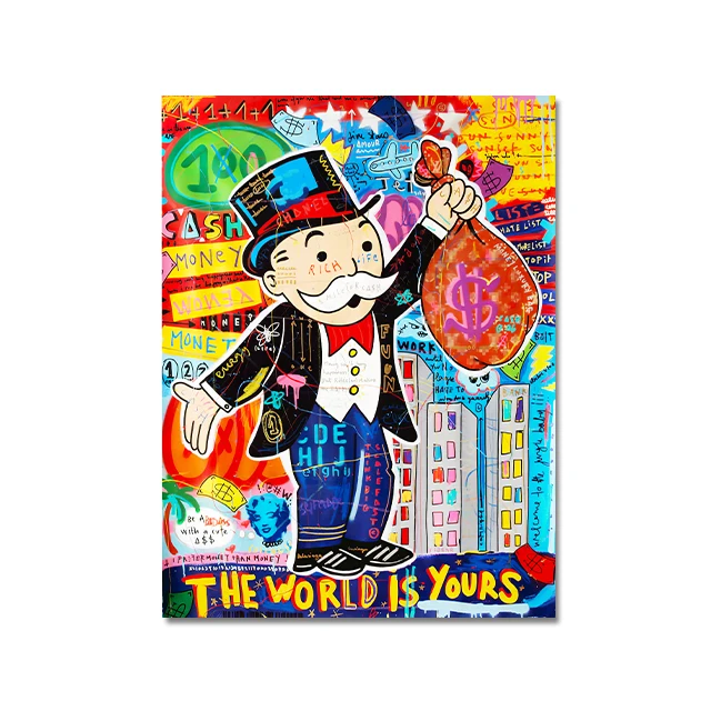 Pop Art Alec Monopoly Hold A Money Bag Posters Boss Rich Man with Mask Graffiti Canvas Painting The World Is Yours Cartoon Mural