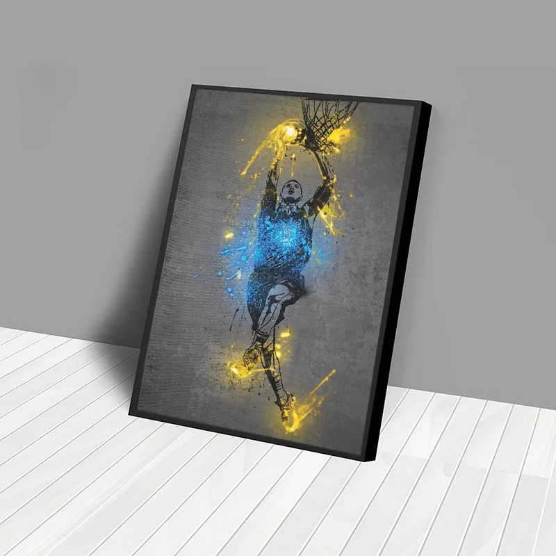 Glowing Poster Basketball Player Painting Canvas Art Neon Style Abstract Pop Wall Art Pictures Prints For Bar Home Decor