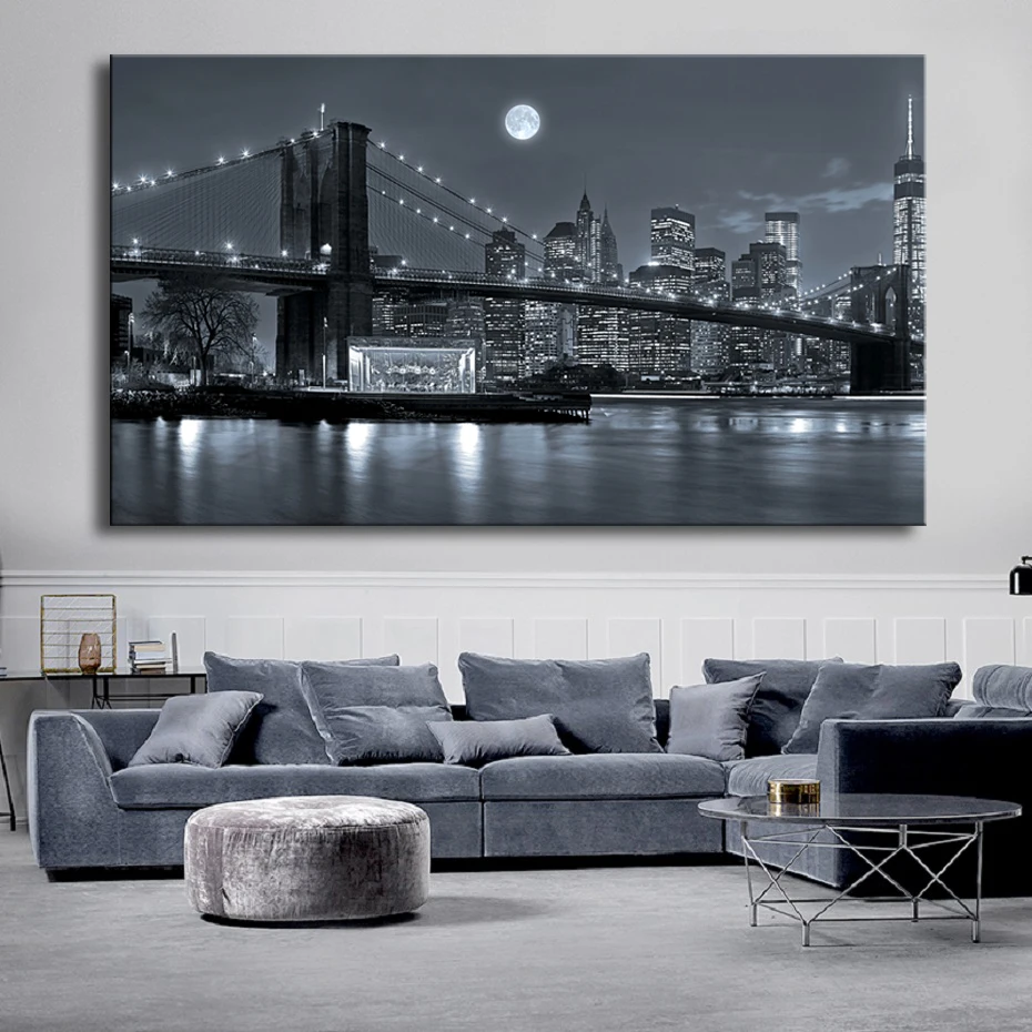 Large Modern Brooklyn Bridge Night View Landscape Posters Canvas Wall Art Pictures