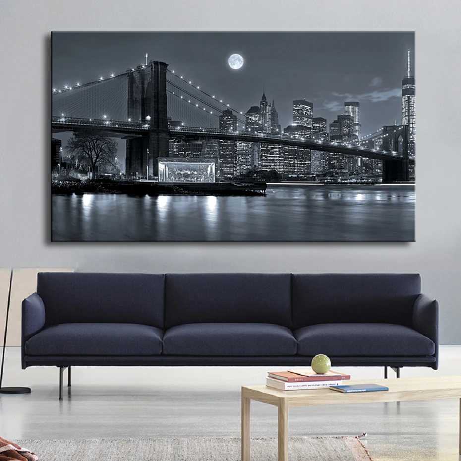 Large Modern Brooklyn Bridge Night View Landscape Posters Canvas Wall Art Pictures