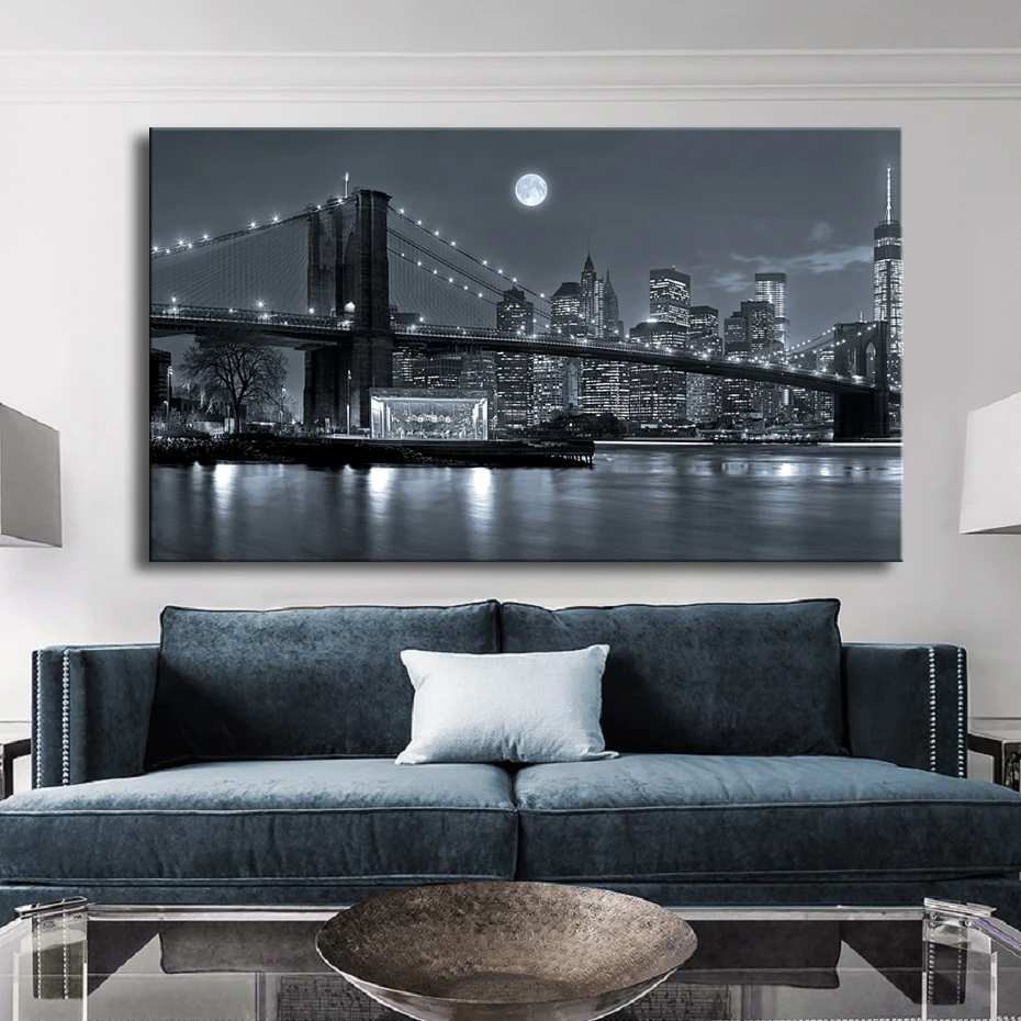 Large Modern Brooklyn Bridge Night View Landscape Posters Canvas Wall Art Pictures