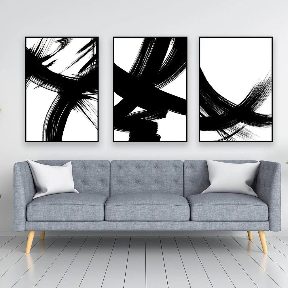 Abstract Canvas Painting Poster Minimalist Black and White Brush Strokes Print Modern Gallery Wall Decor Home Living Room Decor