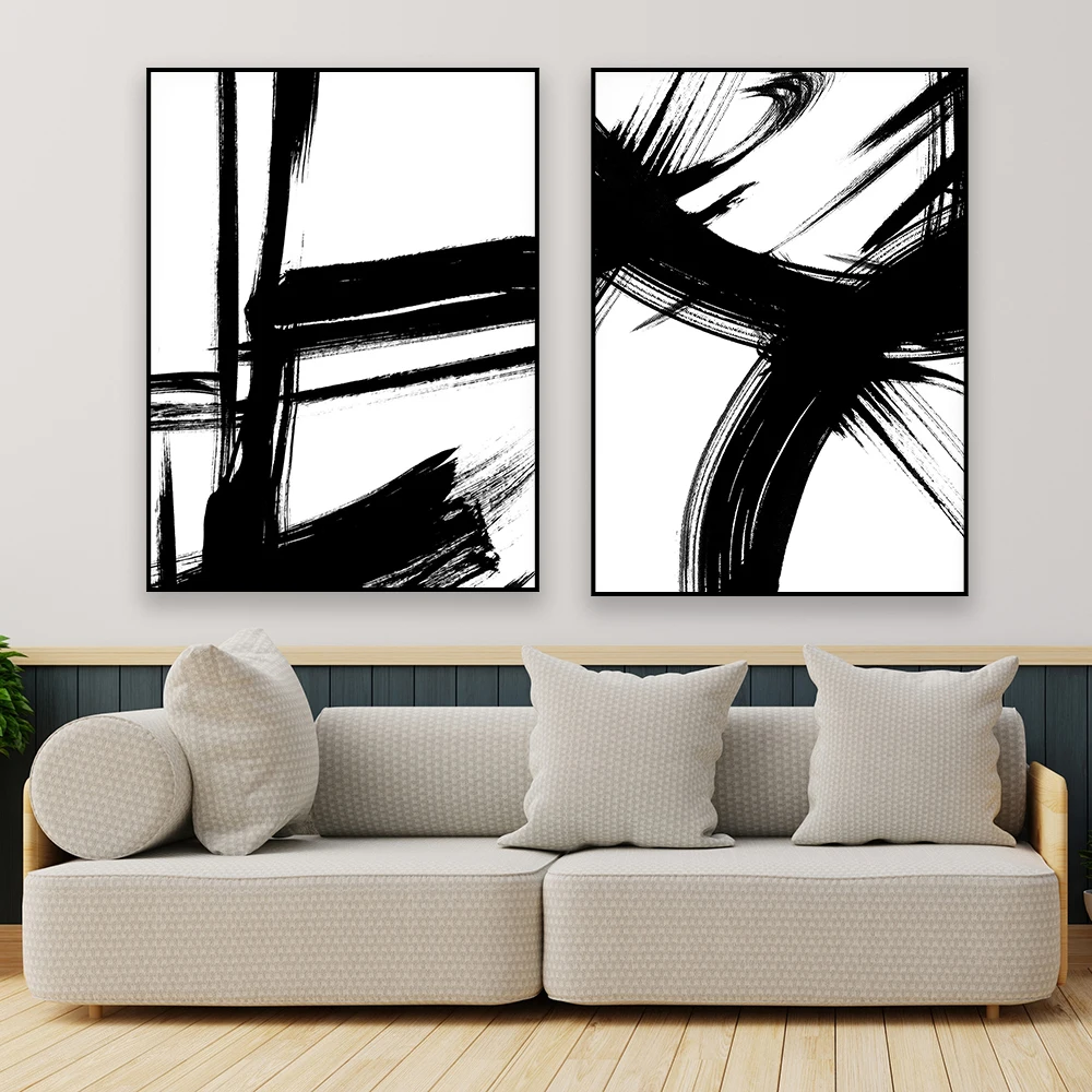 Abstract Canvas Painting Poster Minimalist Black and White Brush Strokes Print Modern Gallery Wall Decor Home Living Room Decor
