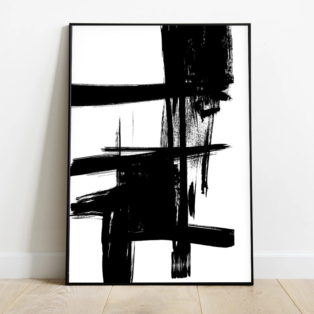 Abstract Canvas Painting Poster Minimalist Black and White Brush Strokes Print Modern Gallery Wall Decor Home Living Room Decor