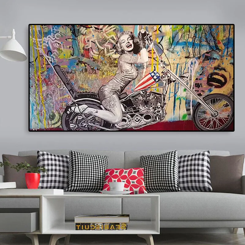 One Piece Sexy Happy Marilyn Monroe Riding Motorcycle Graffiti Art Canvas Painting Street Pop Art Wall Picture Home Decor Poster