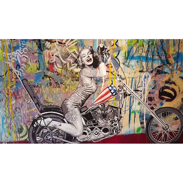 One Piece Sexy Happy Marilyn Monroe Riding Motorcycle Graffiti Art Canvas Painting Street Pop Art Wall Picture Home Decor Poster