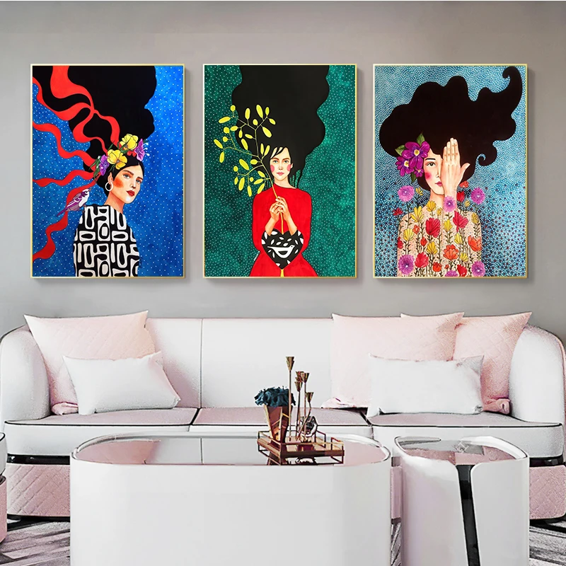 Girl Hair Flower Women Frameless Canvas Painting Decorative Art Printing Poster Image Home Living Room Bedroom Decoration