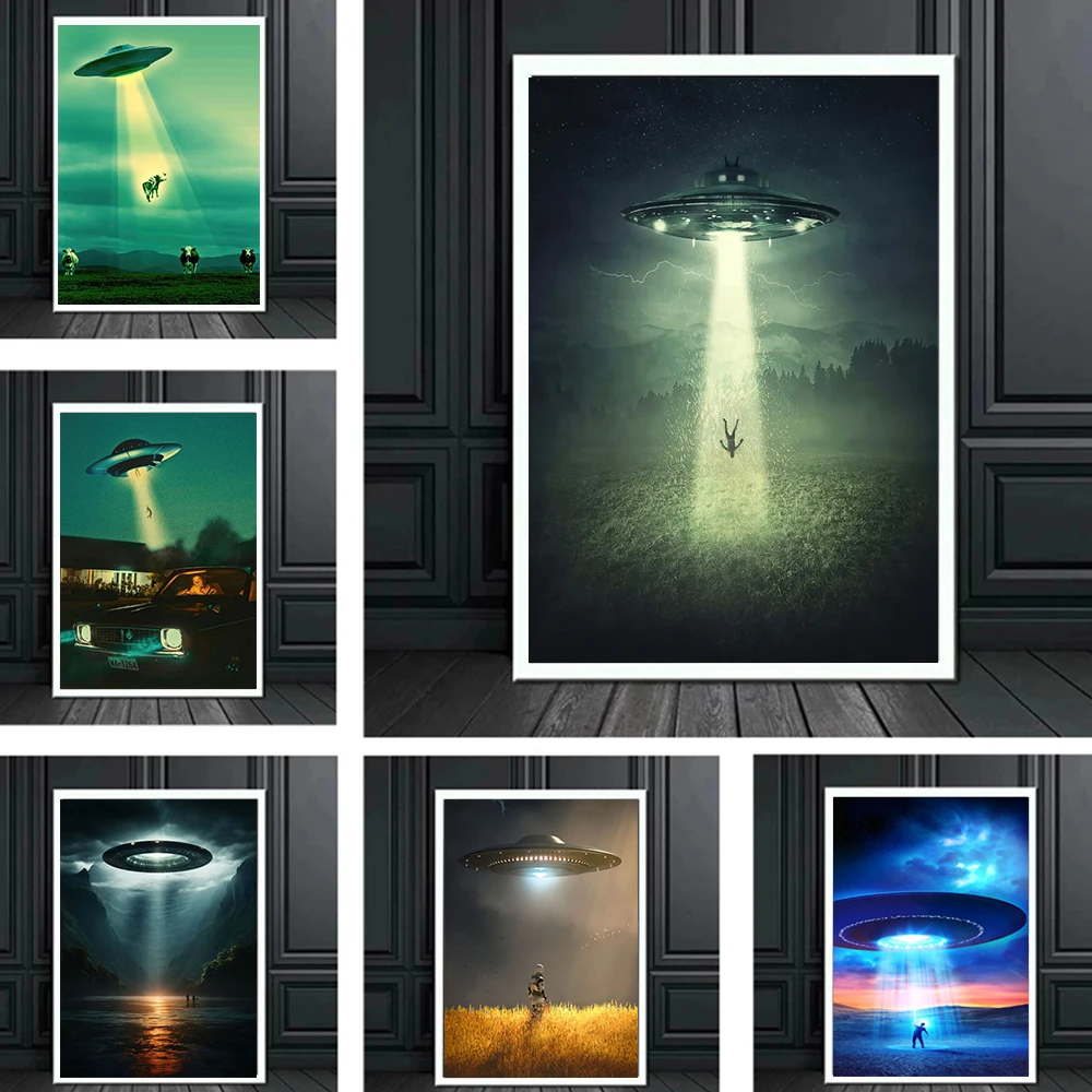 Black Night UFO Dim Style Poster Canvas Art Prints Alien Flying Saucer Arrest People Weird Wall Painting Decoration For Room