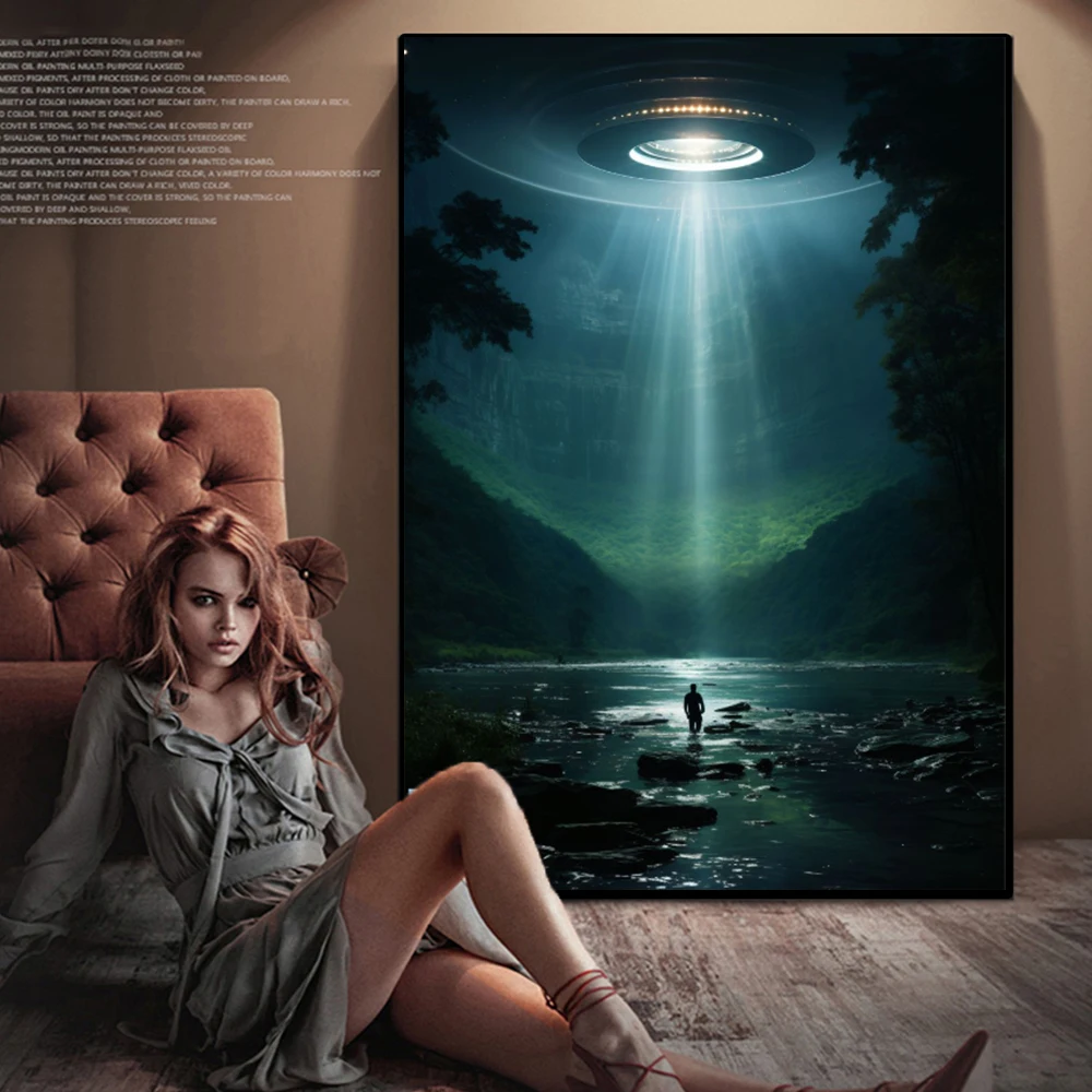Black Night UFO Dim Style Poster Canvas Art Prints Alien Flying Saucer Arrest People Weird Wall Painting Decoration For Room
