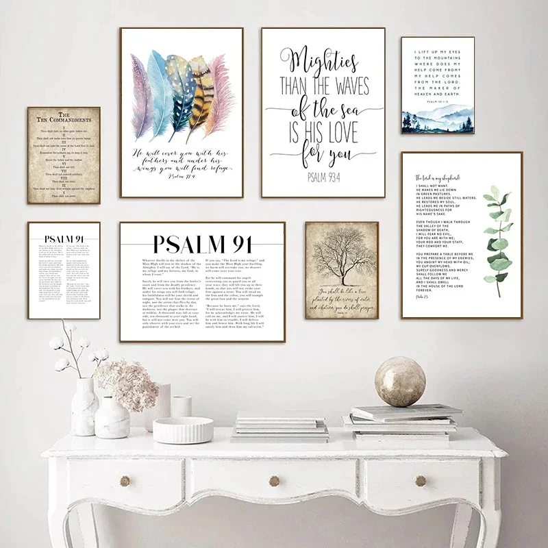Bible Verse Psalm 91:4 Poster Canvas Art Prints , Birds Feathers Scripture Christian Quotes Canvas Painting Wall Art Home Decor