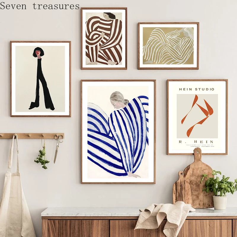Abstract Woman Artwork Canvas Print Cool Color Vintage Painting Nordic Poster  Line Art Drawing Wall Picture Modern Home Decor