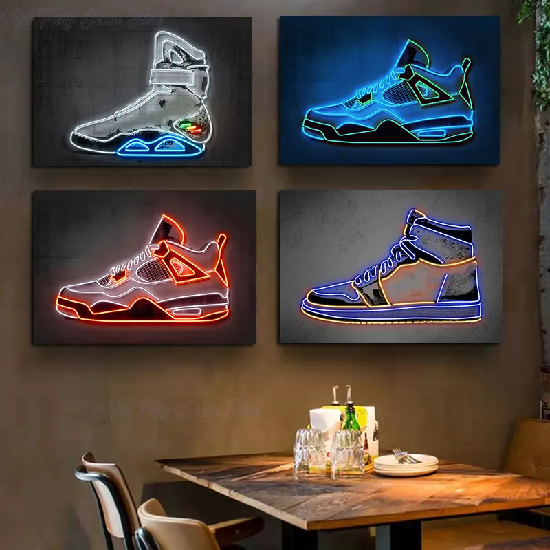 Neon Art Sneaker Shoes Canvas Painting Modern Wall Art Posters and Prints Fashion Sport Shoes Pictures for Boy's Room Home Decor
