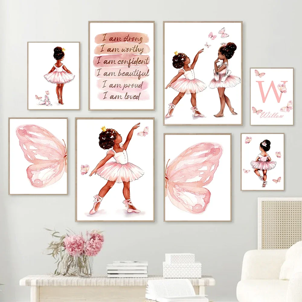 Watercolor Ballet Girl Butterfly Wings Custom Name Wall Art Canvas Painting Poster Print Picture Girl Room Nursery Home Decor