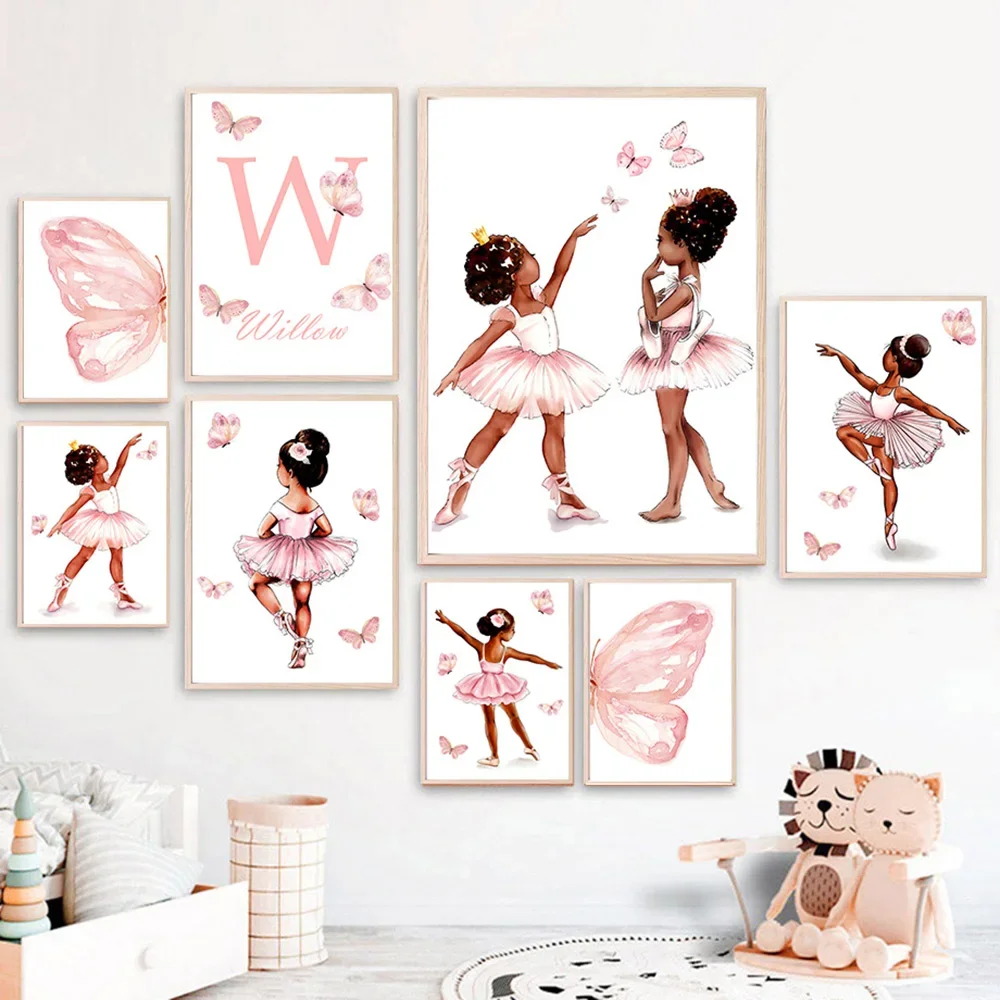 Watercolor Ballet Girl Butterfly Wings Custom Name Wall Art Canvas Painting Poster Print Picture Girl Room Nursery Home Decor