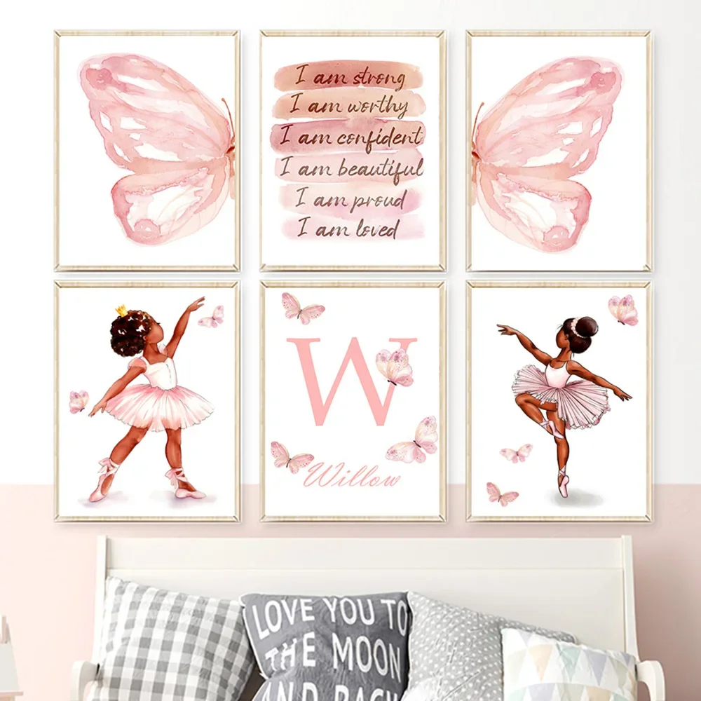 Watercolor Ballet Girl Butterfly Wings Custom Name Wall Art Canvas Painting Poster Print Picture Girl Room Nursery Home Decor