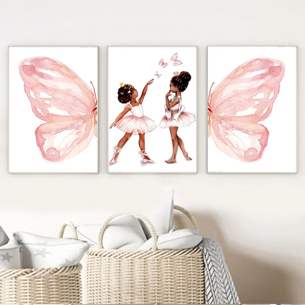 Watercolor Ballet Girl Butterfly Wings Custom Name Wall Art Canvas Painting Poster Print Picture Girl Room Nursery Home Decor