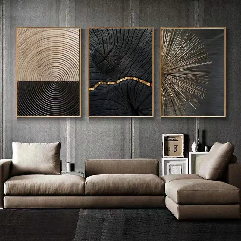 3Pcs Modern Black Gold Luxury Canvas Poster Nordic Sofa Background Wall Triptych Living Room Staircase Decoration Paintings