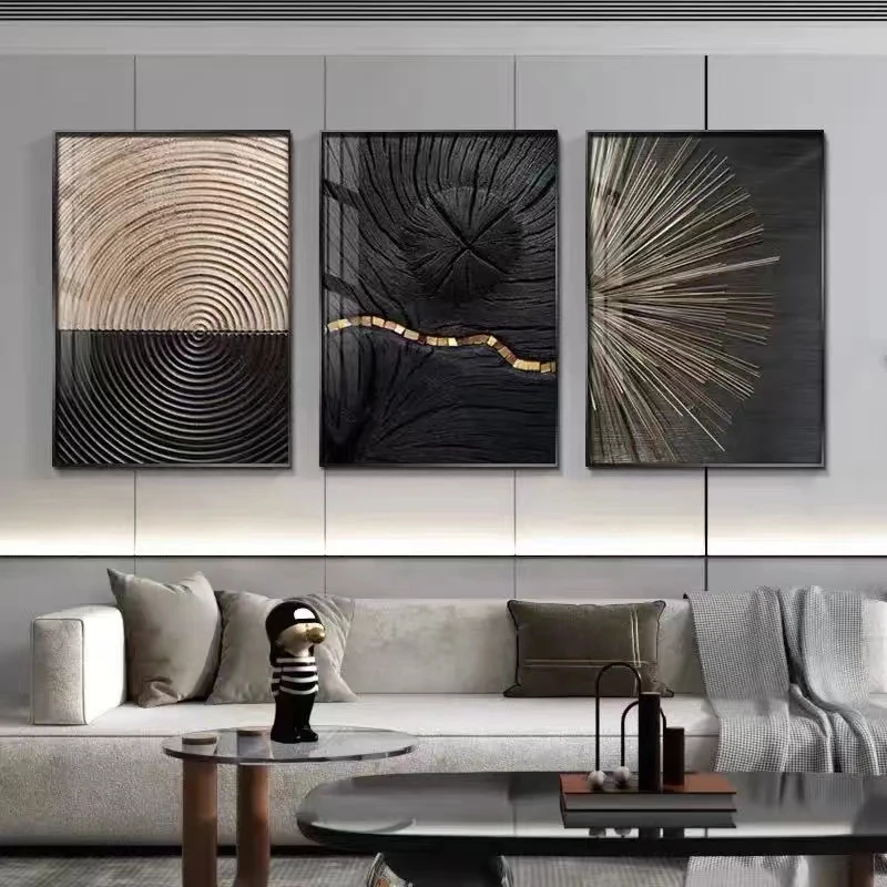 3Pcs Modern Black Gold Luxury Canvas Poster Nordic Sofa Background Wall Triptych Living Room Staircase Decoration Paintings