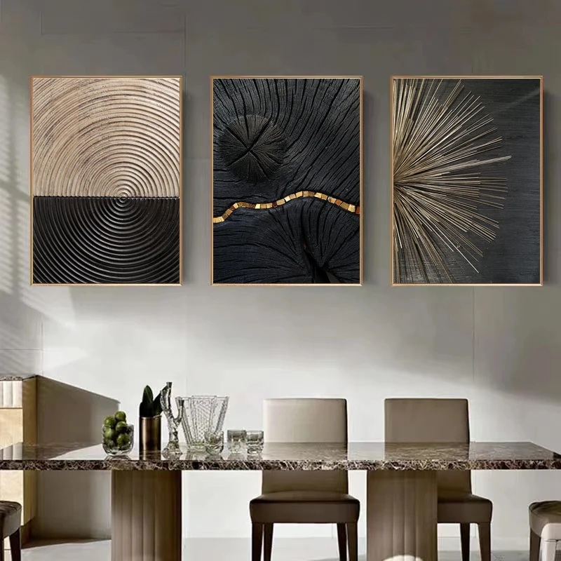 3Pcs Modern Black Gold Luxury Canvas Poster Nordic Sofa Background Wall Triptych Living Room Staircase Decoration Paintings