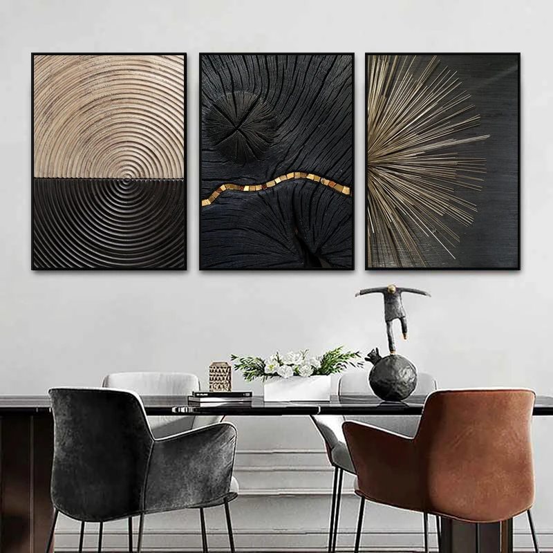 3Pcs Modern Black Gold Luxury Canvas Poster Nordic Sofa Background Wall Triptych Living Room Staircase Decoration Paintings