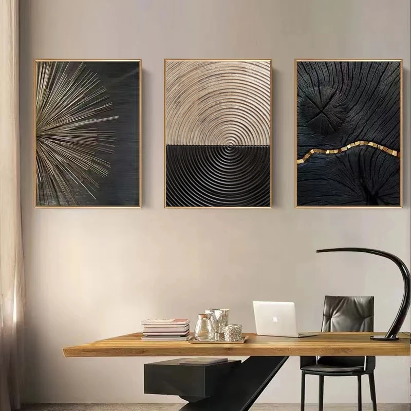 3Pcs Modern Black Gold Luxury Canvas Poster Nordic Sofa Background Wall Triptych Living Room Staircase Decoration Paintings