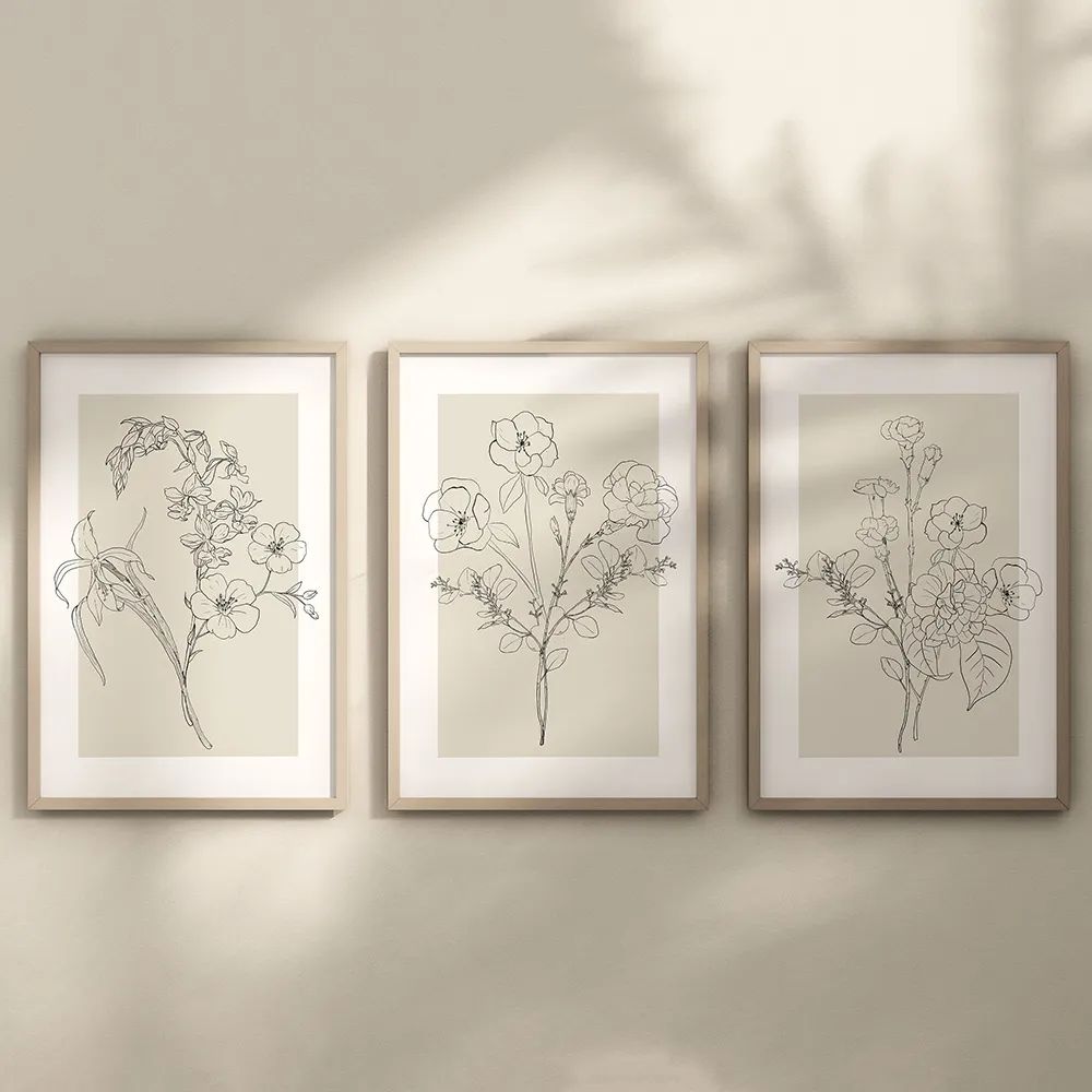 Boho Botanical Flower Line Beige Posters Wall Art Canvas Painting Minimal Floral Print Pictures Neutral Living Room Home Decor