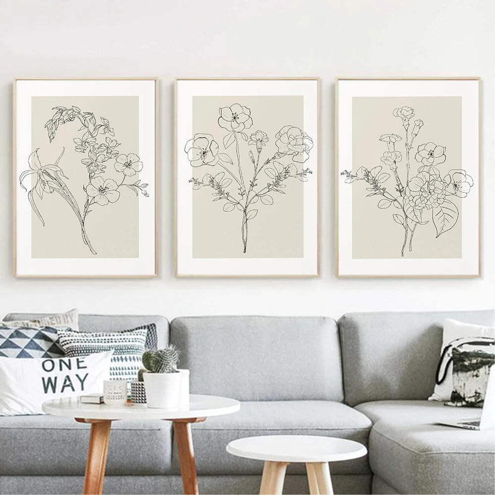 Boho Botanical Flower Line Beige Posters Wall Art Canvas Painting Minimal Floral Print Pictures Neutral Living Room Home Decor