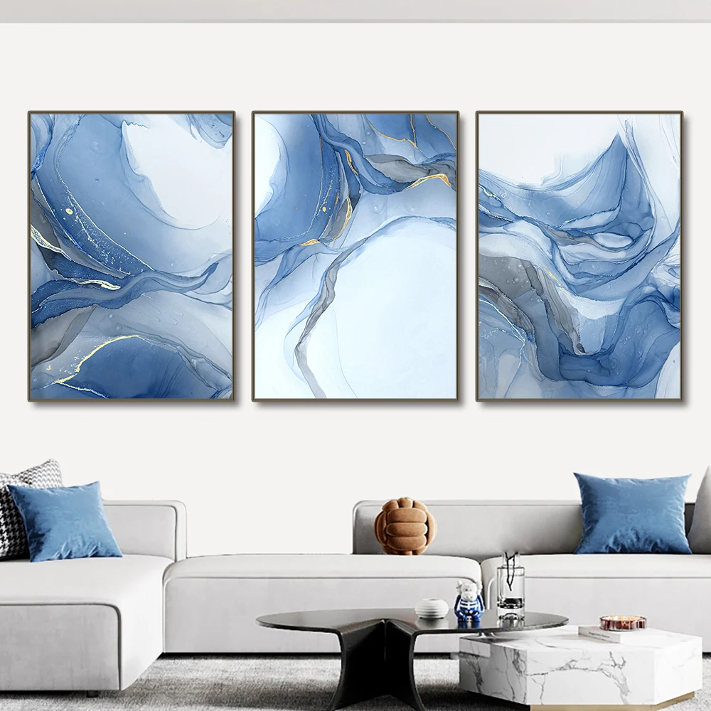 3PCS Frameless Abstract Blue River Canvas Painting Nordic Posters Wall Art Print Pictures  For Living Room Bedroom Home Decor