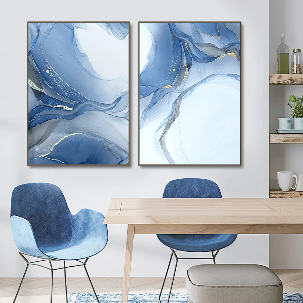3PCS Frameless Abstract Blue River Canvas Painting Nordic Posters Wall Art Print Pictures  For Living Room Bedroom Home Decor