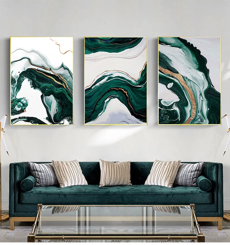 Wall Home Decor Modern Abstract Gold foil lines Green Canvas Art Paintings For Living Room