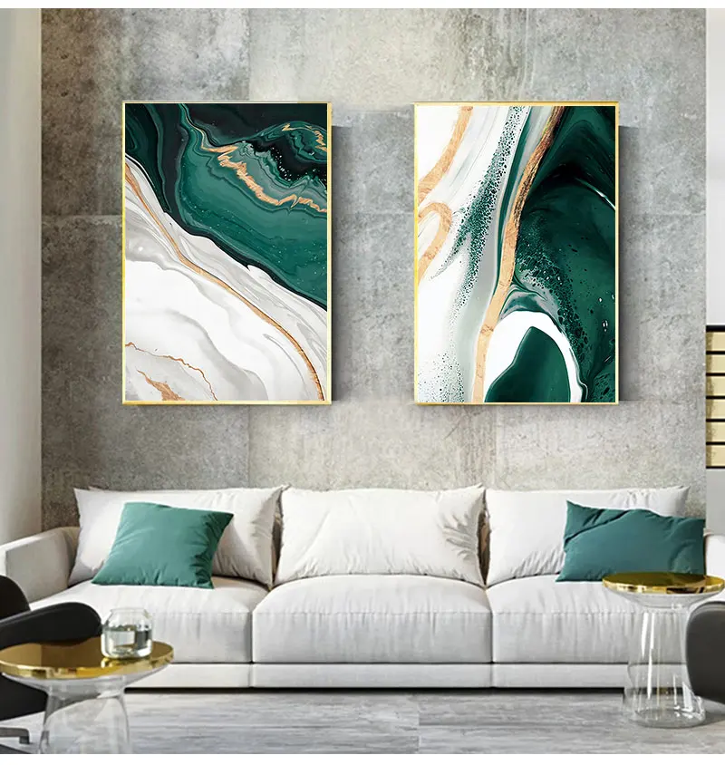 Wall Home Decor Modern Abstract Gold foil lines Green Canvas Art Paintings For Living Room