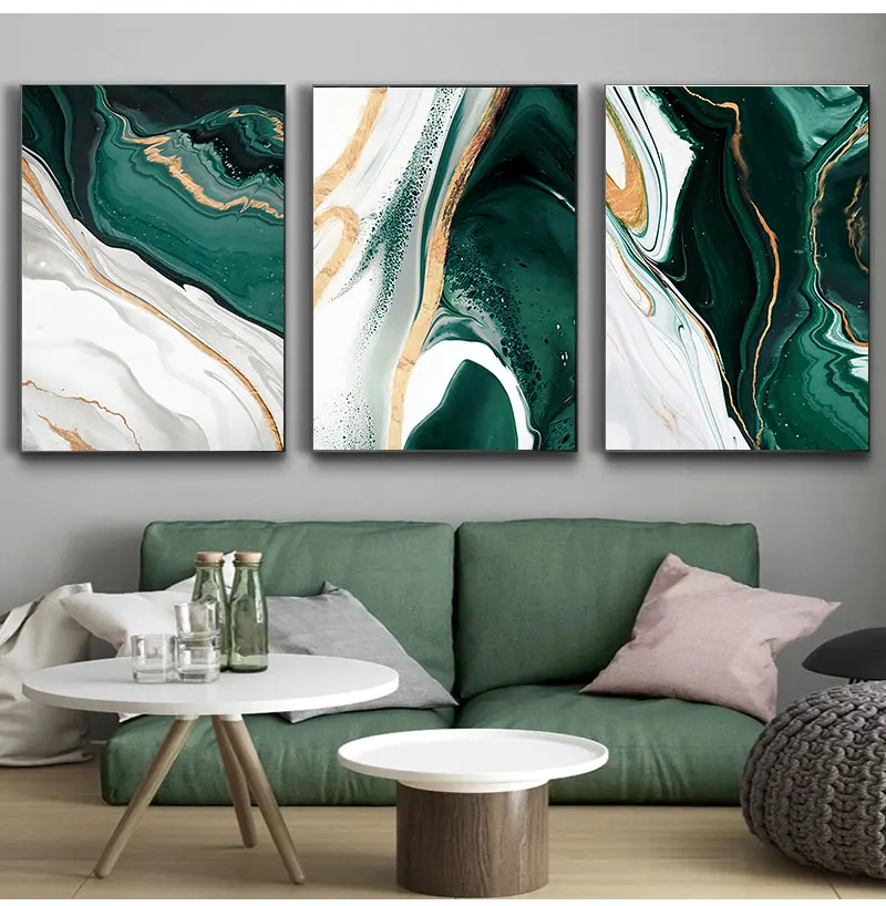 Wall Home Decor Modern Abstract Gold foil lines Green Canvas Art Paintings For Living Room