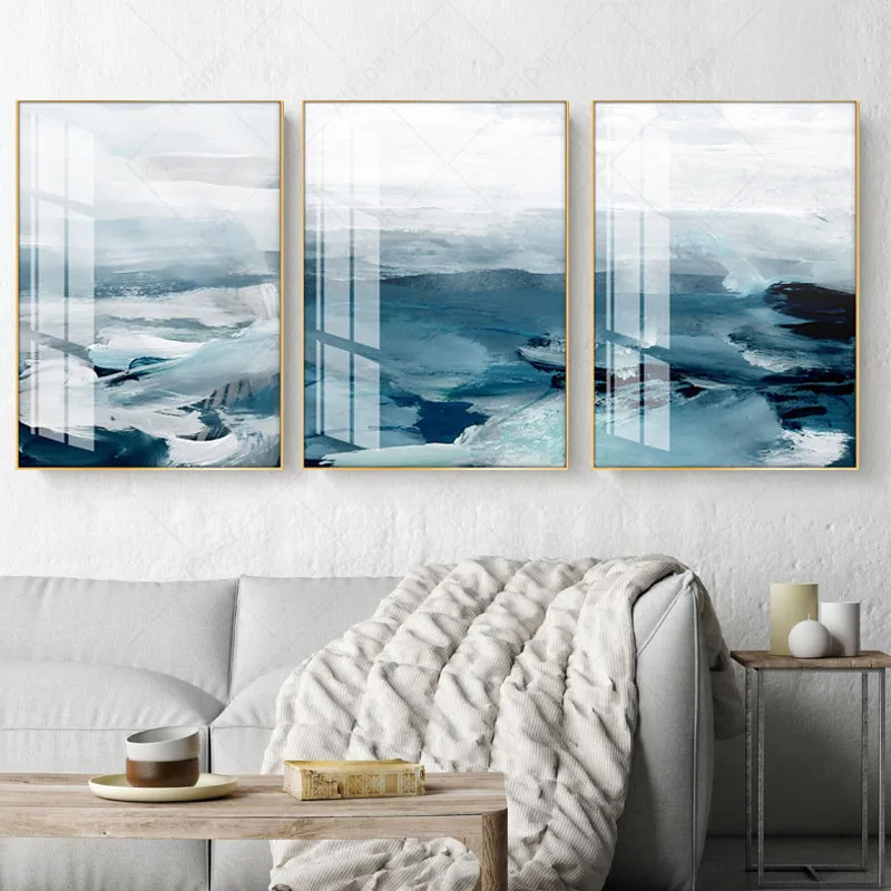 Nordic Abstract Marble Art Canvas Painting Blue Sea Golden River Posters and Prints