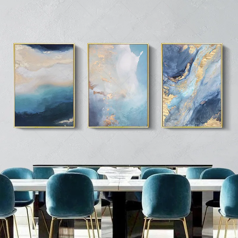 Nordic Abstract Marble Art Canvas Painting Blue Sea Golden River Posters and Prints