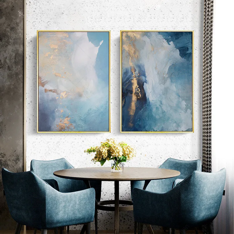 Nordic Abstract Marble Art Canvas Painting Blue Sea Golden River Posters and Prints