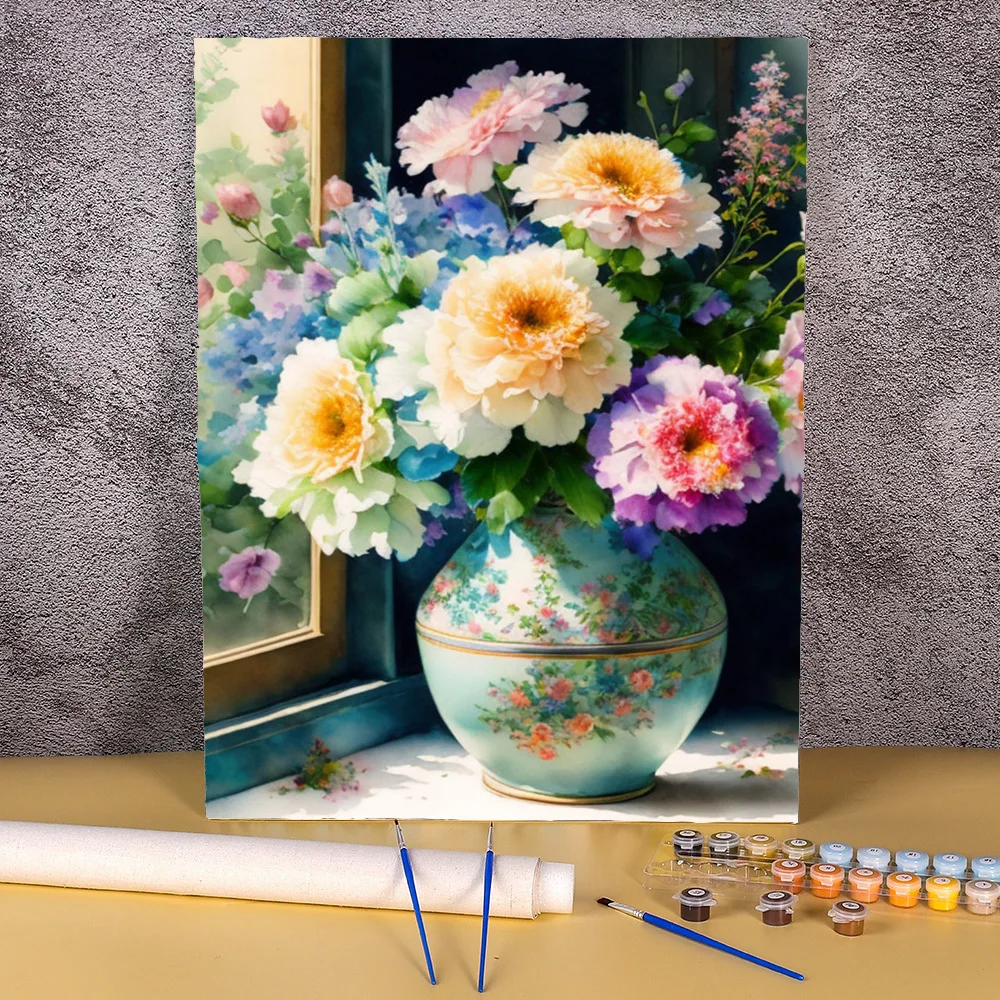 Diy Pictures Handpainted Peony Flowers Oil Painting By Number Vase Mordern Home Decor Wall Art