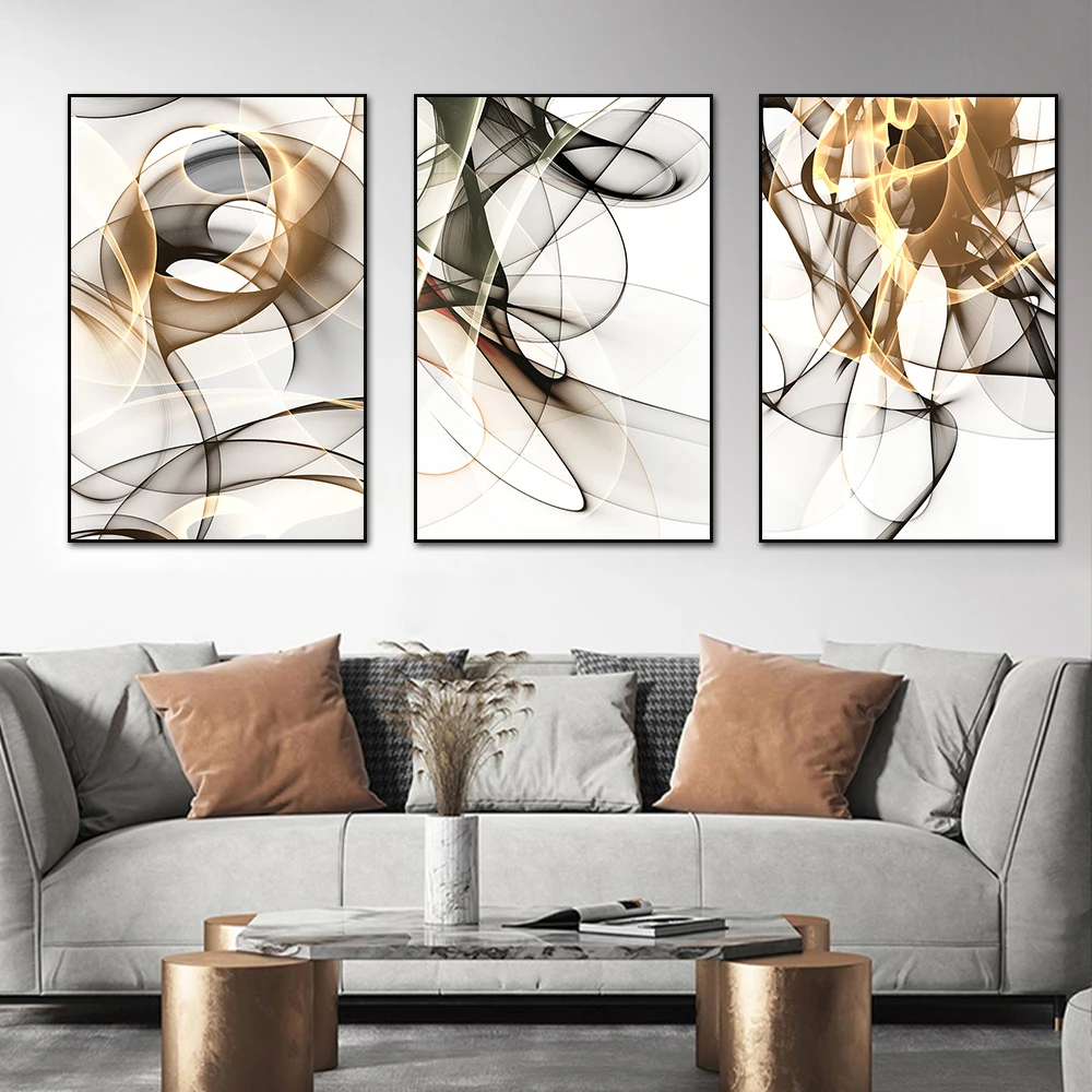 3PCS Frameless Abstract Yellow Black Line Poster Modern Simple Style Wall Art Canvas Paintings Prints Pictures For Home Decor