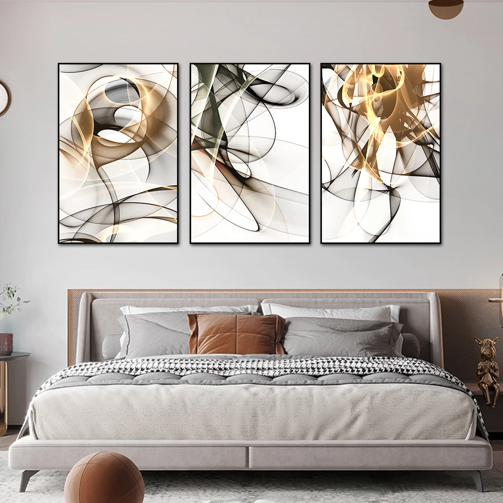 3PCS Frameless Abstract Yellow Black Line Poster Modern Simple Style Wall Art Canvas Paintings Prints Pictures For Home Decor