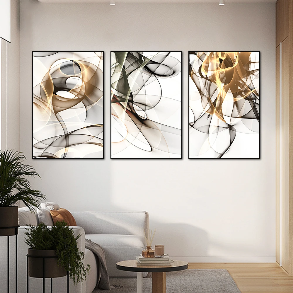 3PCS Frameless Abstract Yellow Black Line Poster Modern Simple Style Wall Art Canvas Paintings Prints Pictures For Home Decor