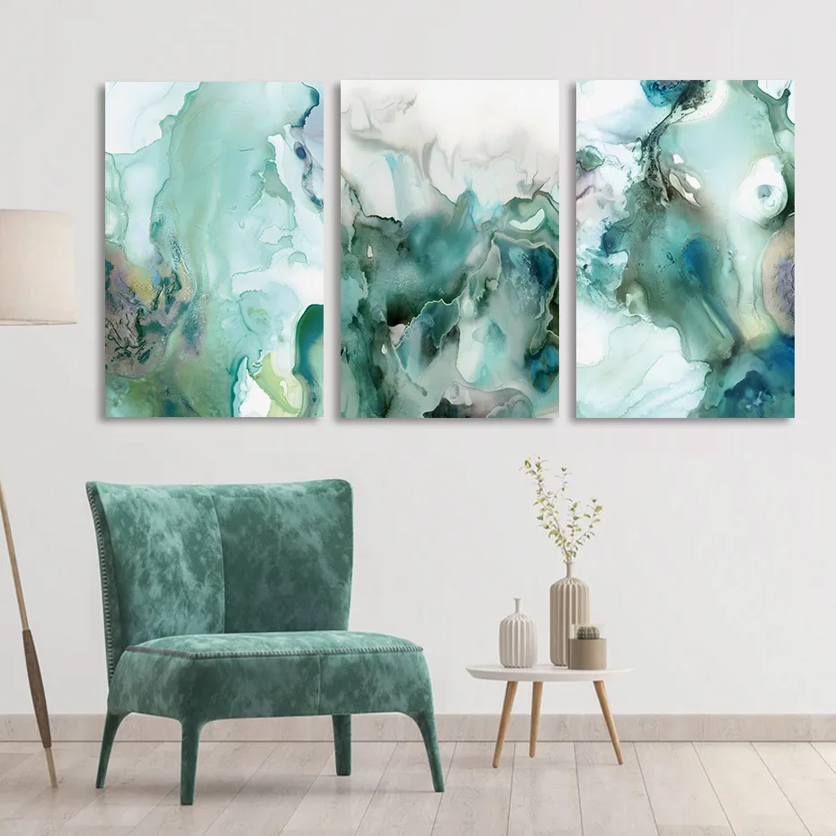 3PCS Modern Abstract Green Liquid Fluid Marble Posters Wall Art Canvas Painting Print Pictures Living Room Interior Home Decor