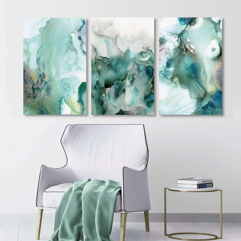 3PCS Modern Abstract Green Liquid Fluid Marble Posters Wall Art Canvas Painting Print Pictures Living Room Interior Home Decor